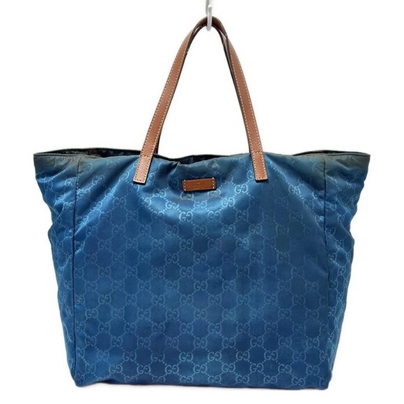 Auth GUCCI GG 282439 Blue Brown Nylon Leather - Tote Bag - Picture 1 of 9